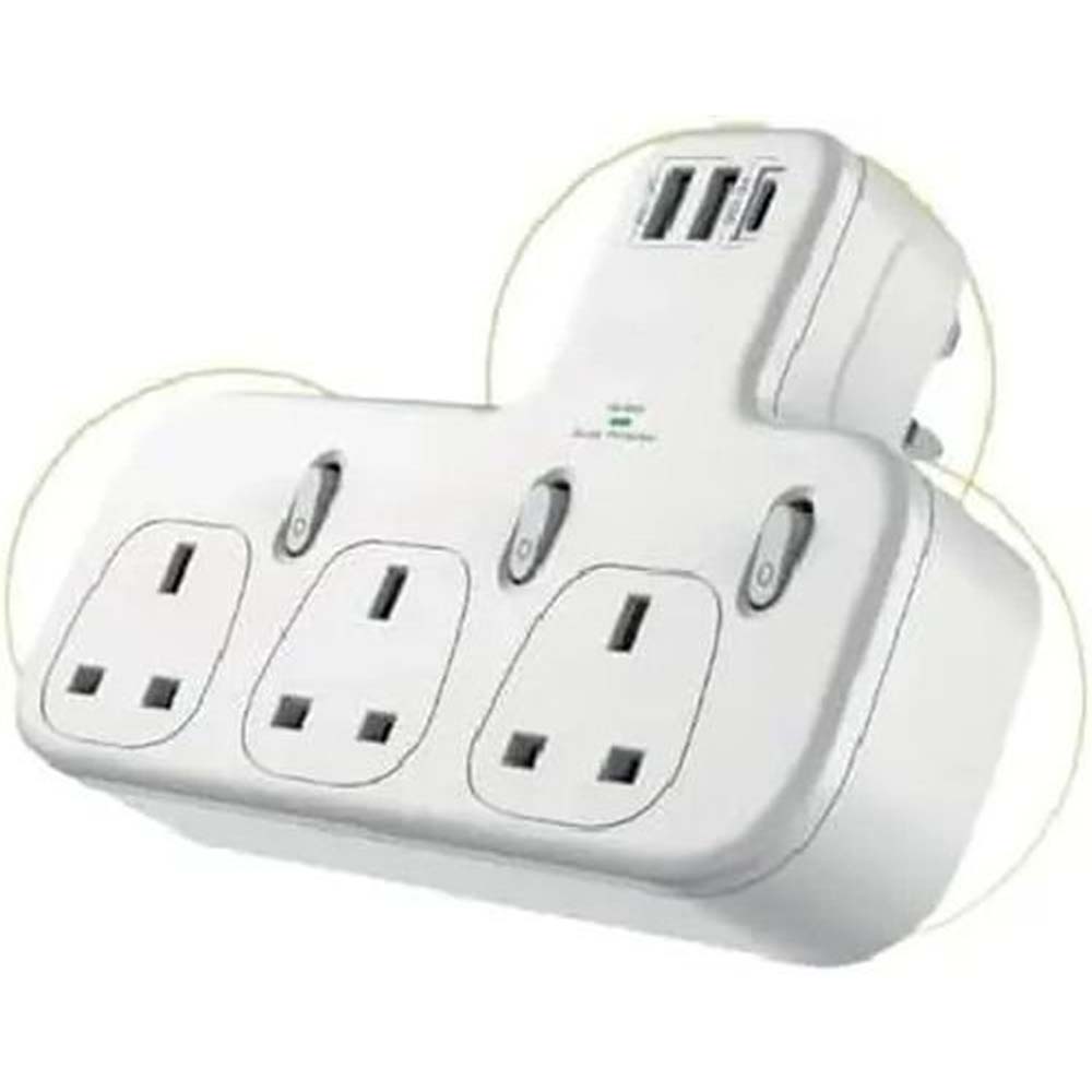 Dx871 Power Strip with 3 AC outlets, 2 USB ports & 1 PD port for fast charging. Compact modern design in white. Image
