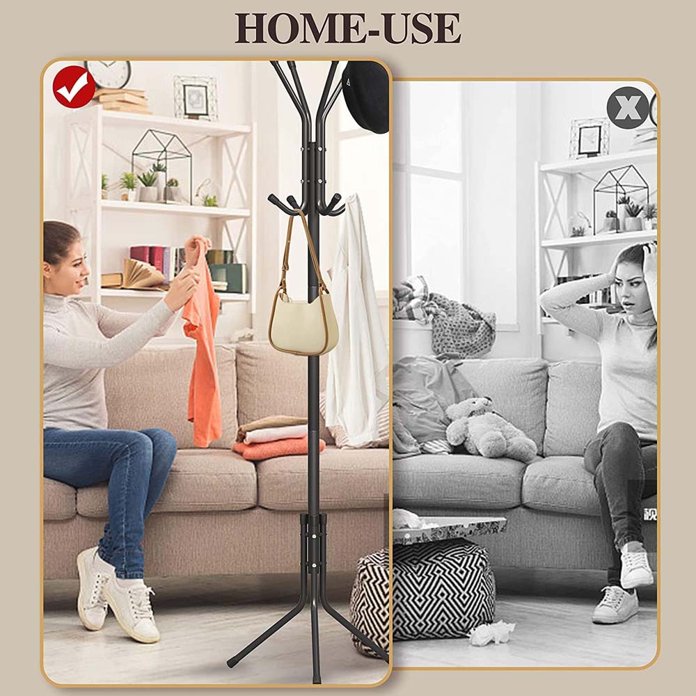 12-Hook Coat Rack Stand - Wrought Iron Clothing Hanger with Shelves, Freestanding Wardrobe Organizer for Bedroom/Entryway Image