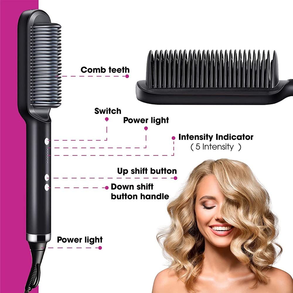Multifunctional Hair Straightener Brush - Heating Curler, Straightener, and Styler Comb for Hair & Beard | Fast Heating Hair Straightening Iron with Anti-Scald Technology, Adjustable Temperature, and Dual Voltage | 2-in-1 Comb for Smooth Styling and Professional Results for Men and Women Image