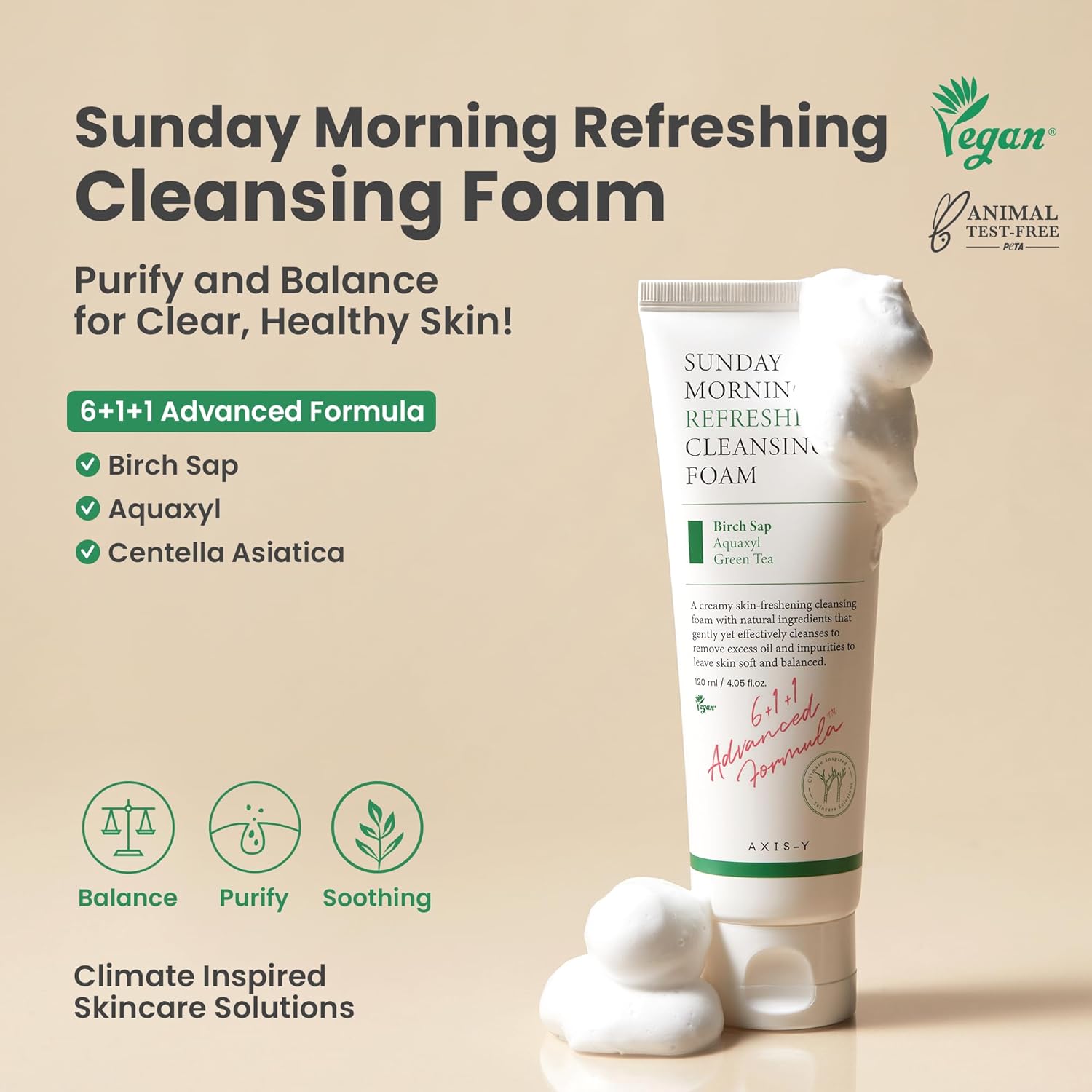 AXIS-Y Sunday Morning Refreshing Cleansing Foam. Gentle Korean face wash with natural surfactants for a soft cleanse. 120ml. Image