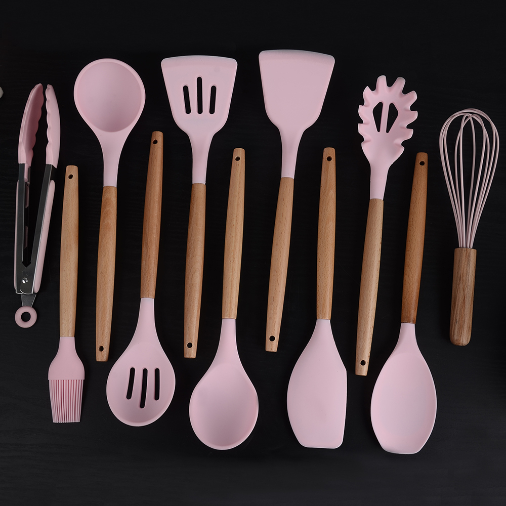 12-Piece Silicone Kitchen Set - Wooden Handles, Scratch-Resistant Baking Tools in Nylon Case, Perfect Home Kitchenware Image
