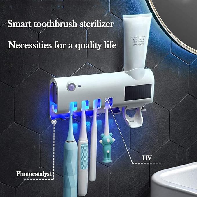 3-in-1 Intelligent Photosensitive Toothpaste Dispenser | Wall Mounted USB Rechargeable Solar Power Toothbrush Holder (White) Image