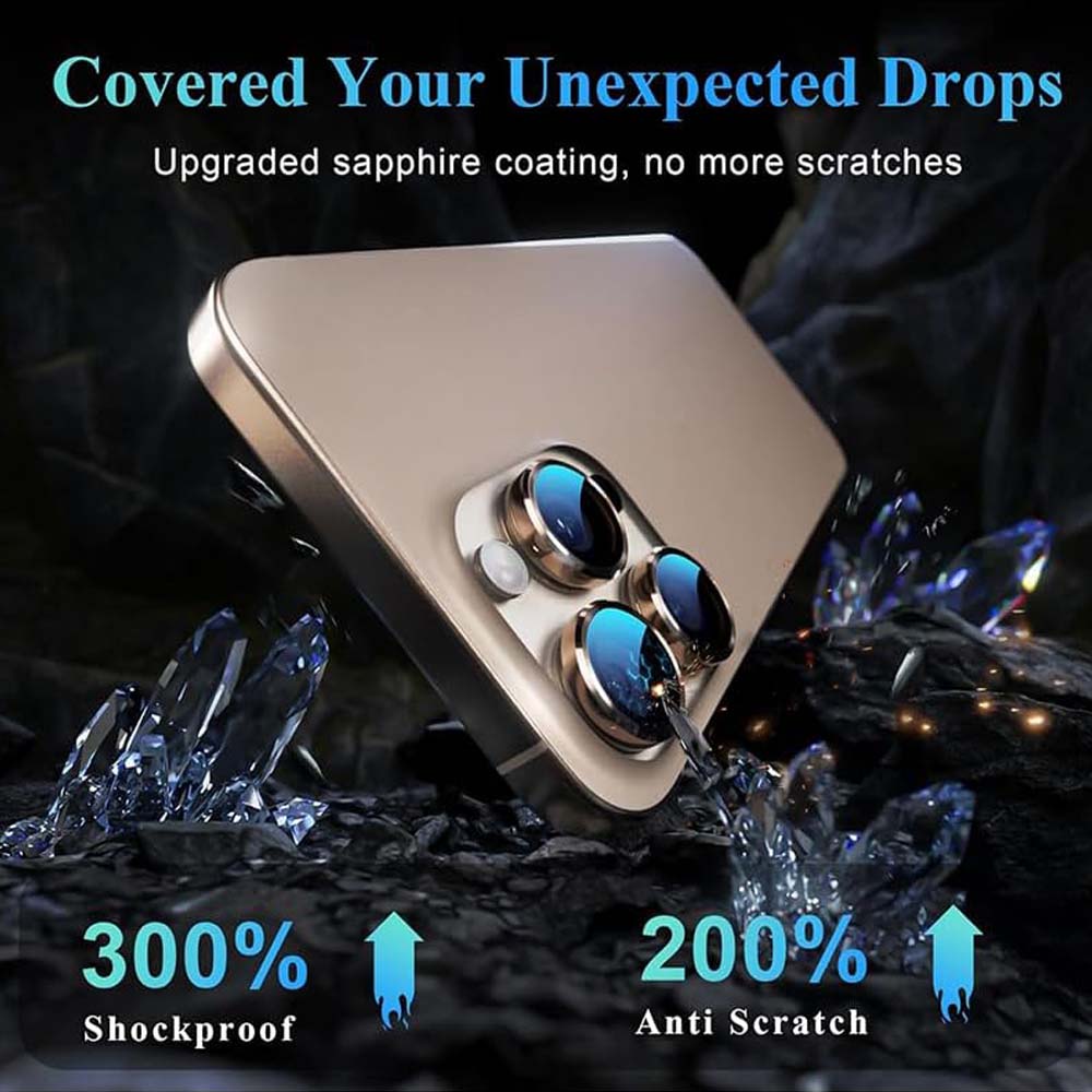 iPhone 14 Pro Max/15 Pro Camera Lens Protector - 3-Pack 9H Tempered Glass with Aluminum Alloy Ring (Desert Titanium) Image