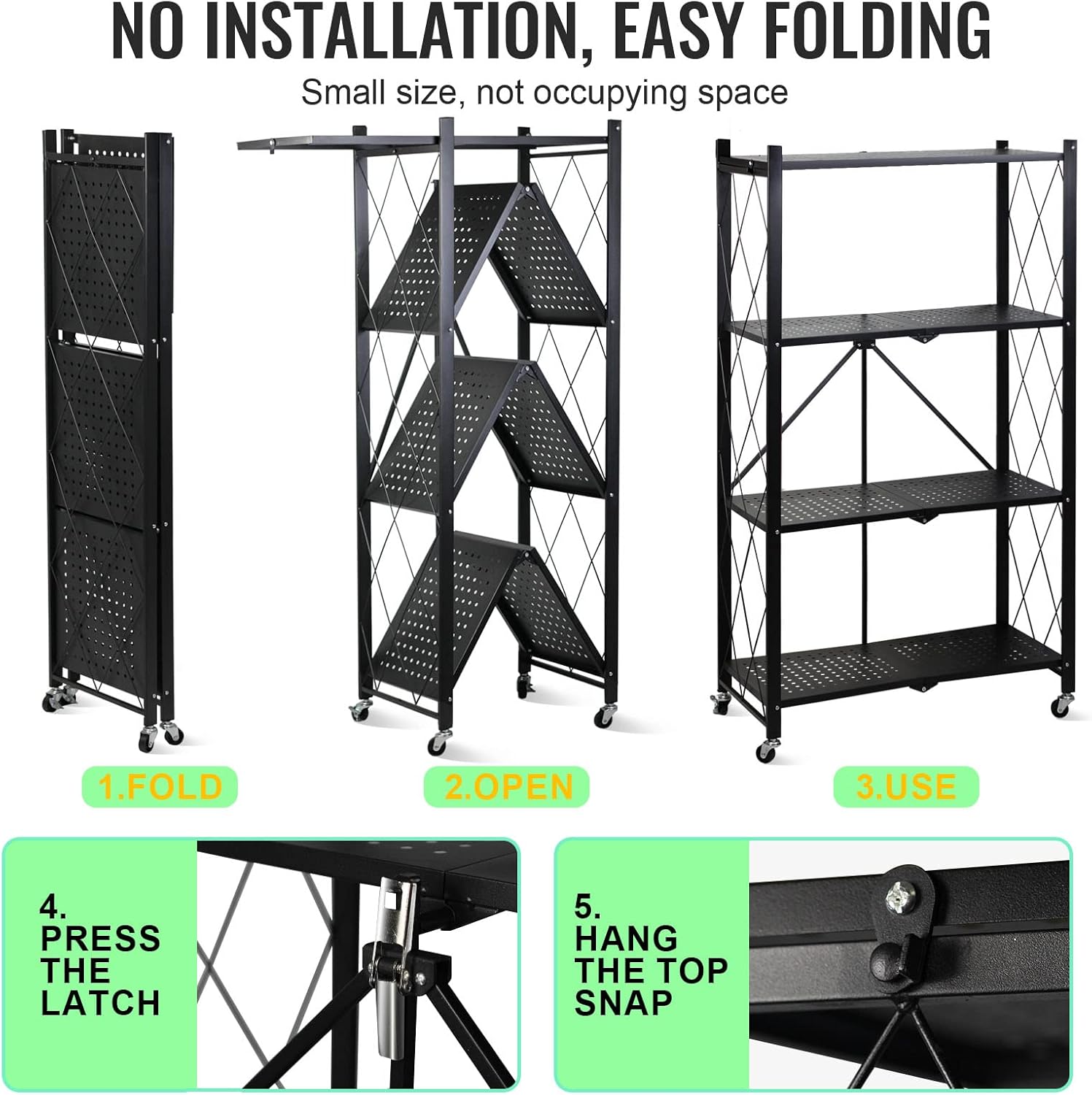 4-Layer White Mobile Folding Kitchen Storage Rack – No-Installation, Thickened Multi-Purpose Shelf (Black) Image