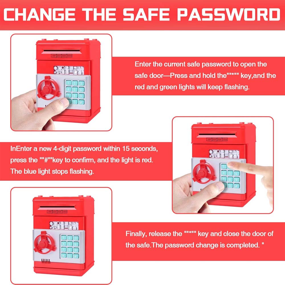 Electronic Money Bank for Kids - Password Lock, Auto Cash Scroll, ATM-Style Piggy Bank (Red) Image