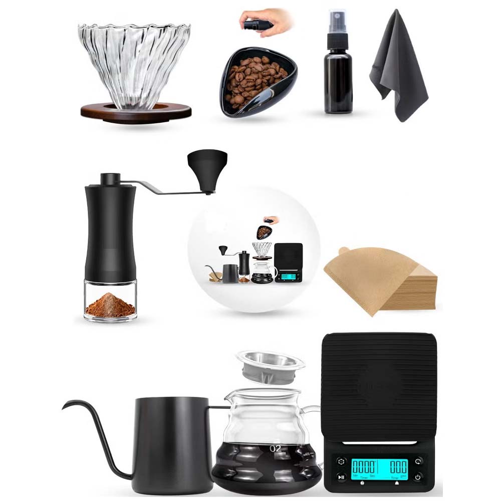 DX-2573 12-PC Pour Over Coffee Kit - Complete Set with Wooden Dripper & Travel Bag, Perfect Gift for Coffee Lovers Image
