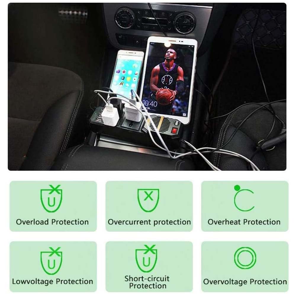 200W Car Power Inverter - DC 12V to AC 220V Converter with 2 AC Outlets, 4 USB Ports & Cigarette Lighter Socket Image