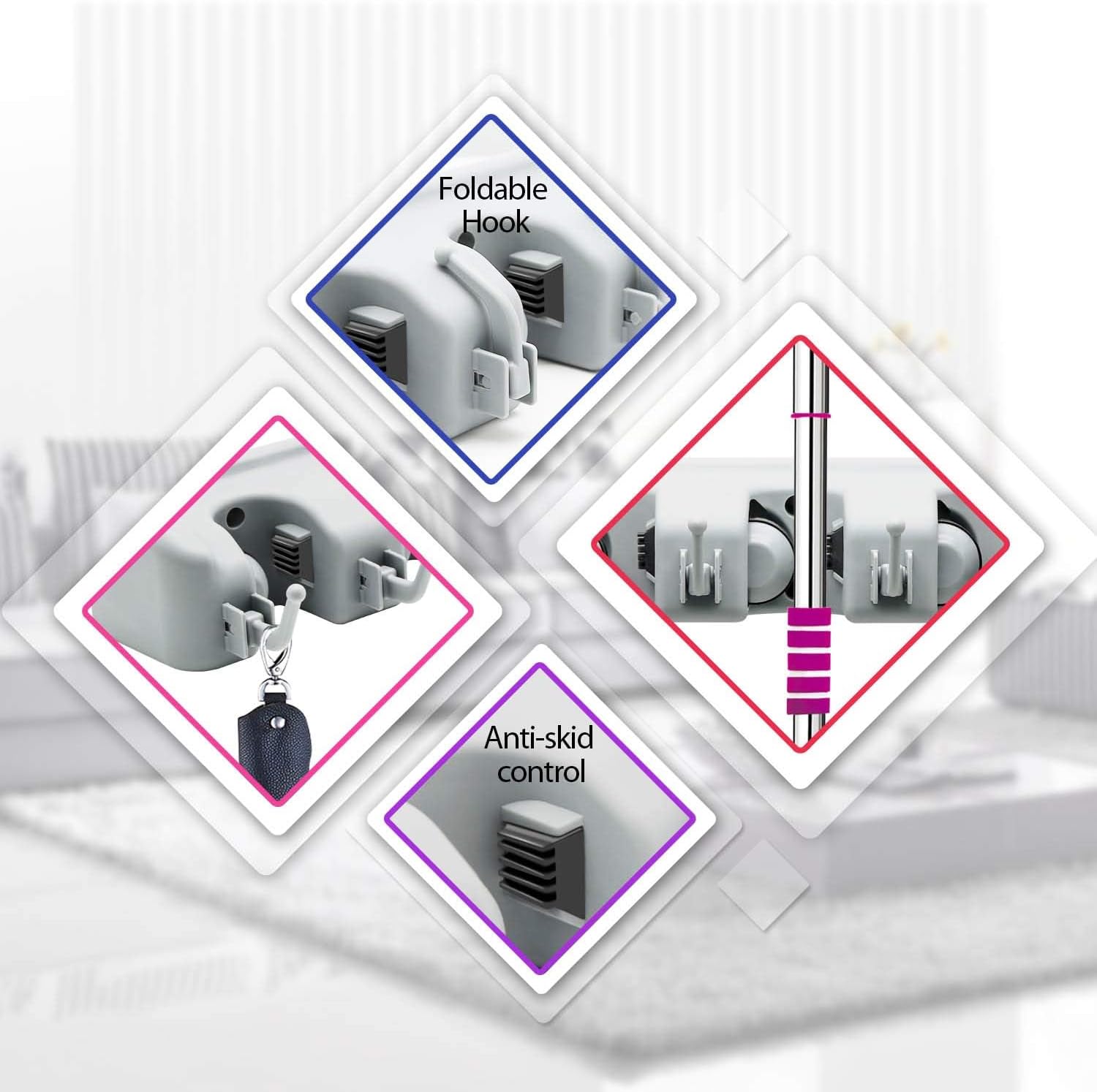 Tool Holder with Wax Handlebar | Wall-Mounted Mop Holder with 6 Hooks & 5 Quick-Release Clamps | Organize Mops, Brooms, and Tools Image