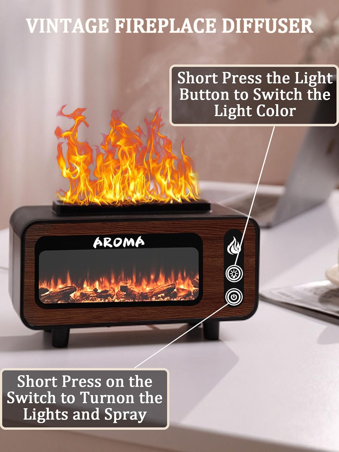 Wood Grain Fireplace Diffuser | 7-Color Flame Humidifier | Silent Auto Shut-Off Aroma Diffuser | Simulated Fire Light for Living Room, Bedroom Image