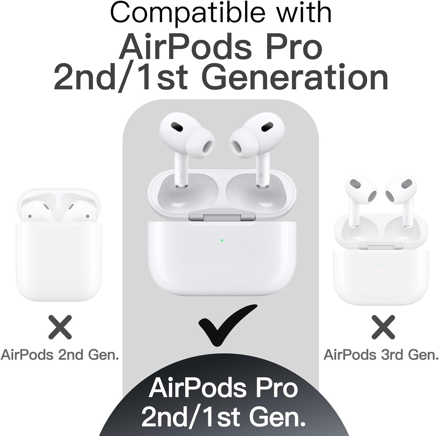 Silicone Case for AirPods Pro 2nd/1st Gen. Shockproof cover with keychain, hard PC interior & visible LED. 2023-2019 models. Image