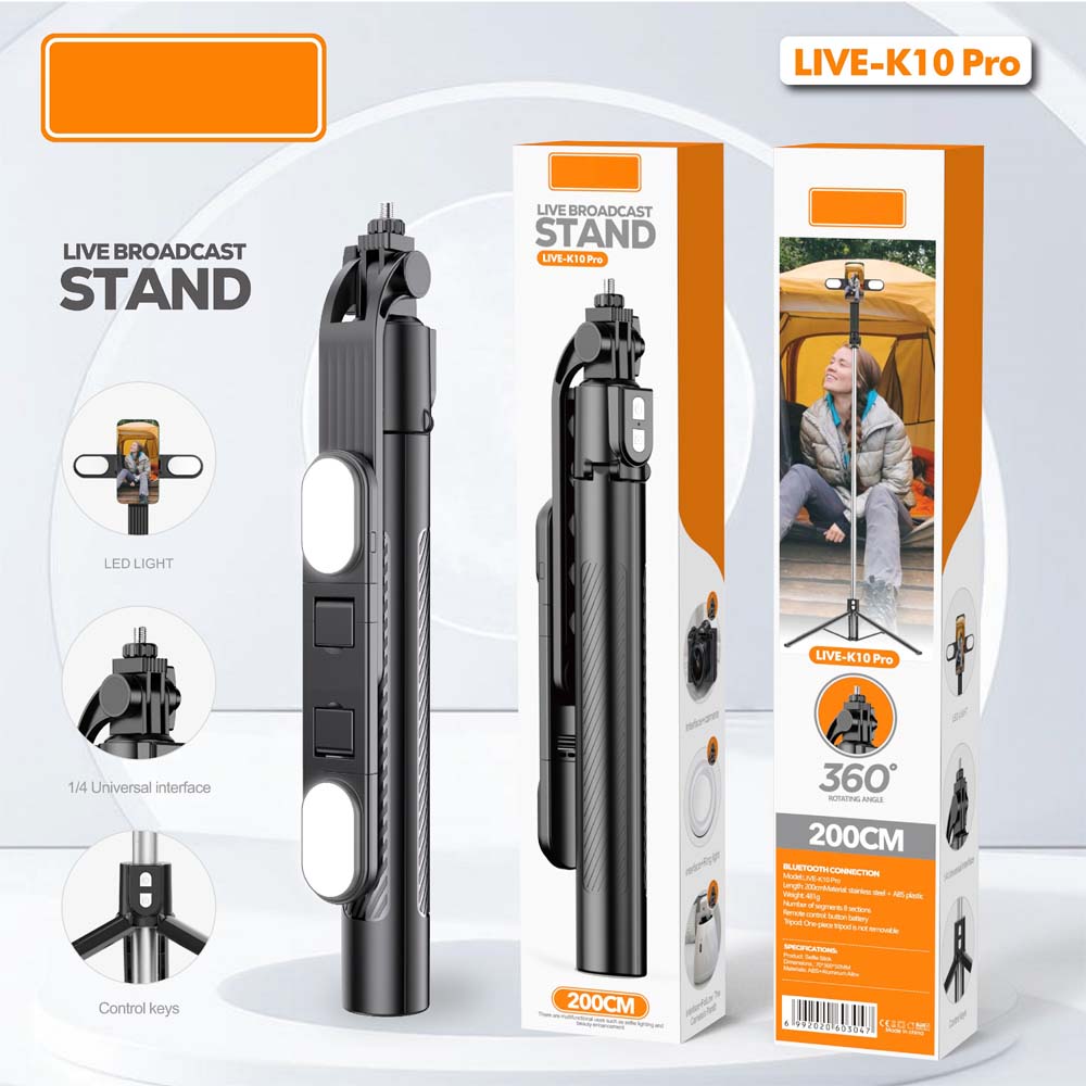 Live K10 PRO 6.5 Feet Tripod Stand Selfie Stick with 2 Chargeable Lights, Bluetooth Remote, 360° Rotatable, Compitable for DSLR, Smartphone, Vlogging, YouTube Image