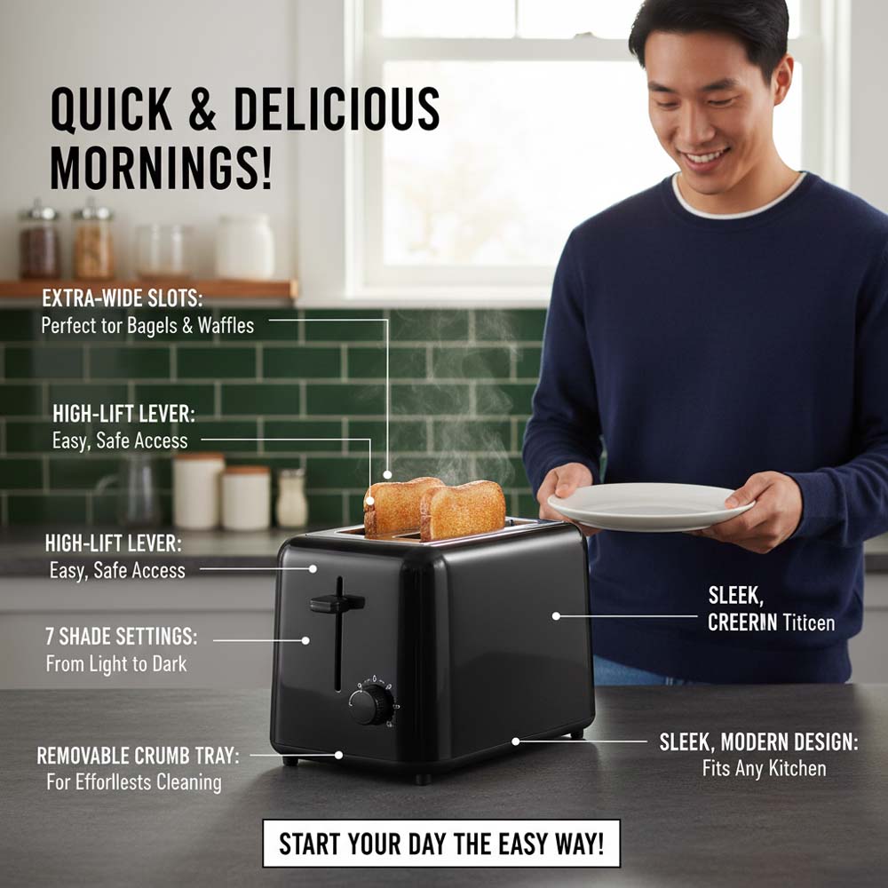 OE-505 2-Slice Toaster. Compact toaster with auto pop-up and removable crumb tray for easy cleaning. Simple & efficient. Image