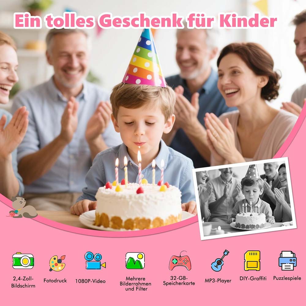 Kids Instant Camera - 1080P Digital Camera for Ages 3-12 with Printing Paper (No Card Included) Pink Image