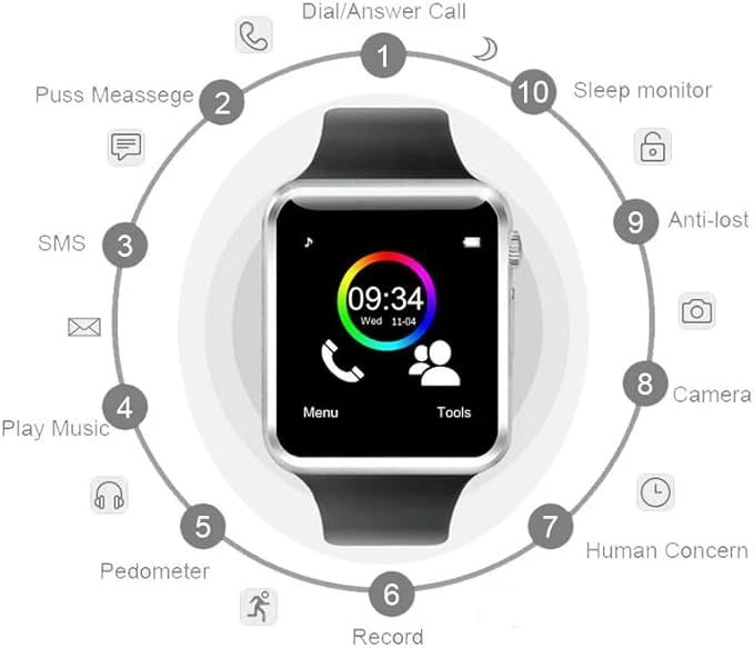 A1 Bluetooth Smart Watch - Fitness Tracker with Pedometer, SIM Card Slot & Camera | Android Sports Bracelet with Call, Message Alerts, and Health Tracking | All-in-One Smart Wrist Companion for Daily Use Image