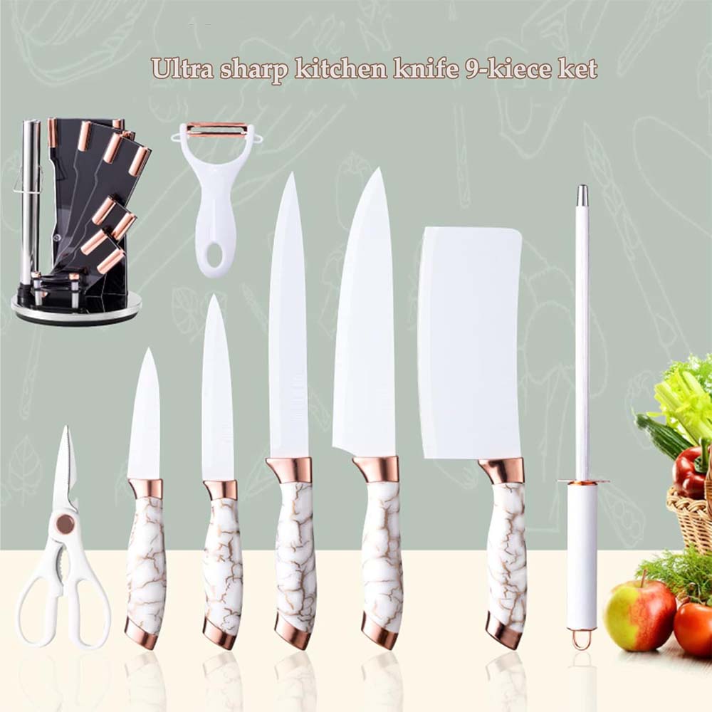 9-Piece White Kitchen Knife Set Ultra-sharp non-stick blades with cracked handle design & acrylic stand. Perfect gift set. Image