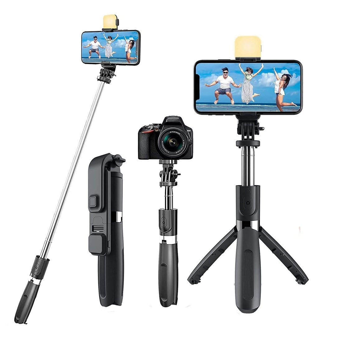 R1S Mobile Selfie Stick with Tripod and LED Light, 3-in-1 Extendable 70cm Selfie Stick for Phone & Camera, Bluetooth Remote, Adjustable Desktop Stand for iPhone, Android & Compact Cameras, Perfect for Photography, Vlogging & Live Streaming. Image