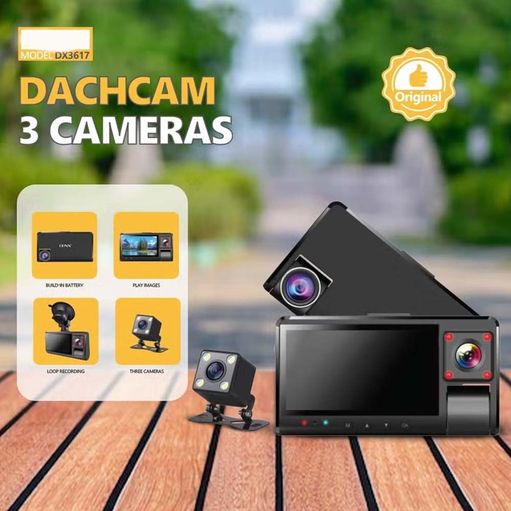 DX-3617 3-Channel Dash Cam. Front, rear & interior recording with WiFi app control, night vision & parking mode. Image
