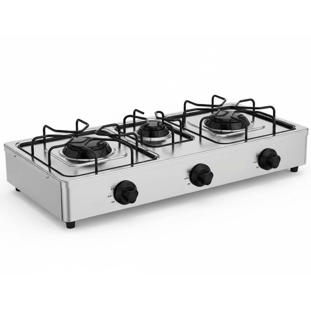 OE-444 3-Burner Gas Stove. Stainless steel enamel body with auto ignition for efficient, powerful triple-burner cooking. Image