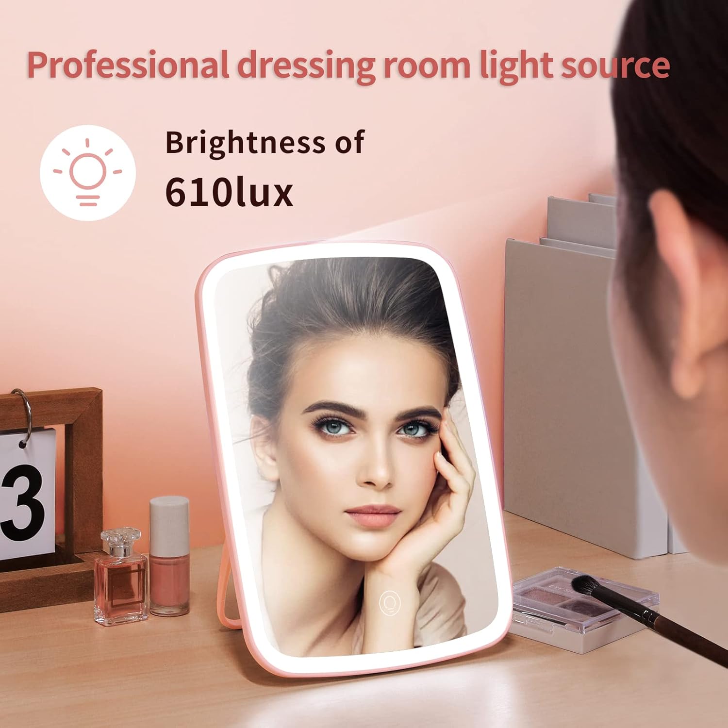 Makeup Vanity Mirror with 42 LED Lights, Touch Control, 3 Color Lighting, USB Rechargeable 2400mAh Battery, Portable Travel Mirror - Pink Image