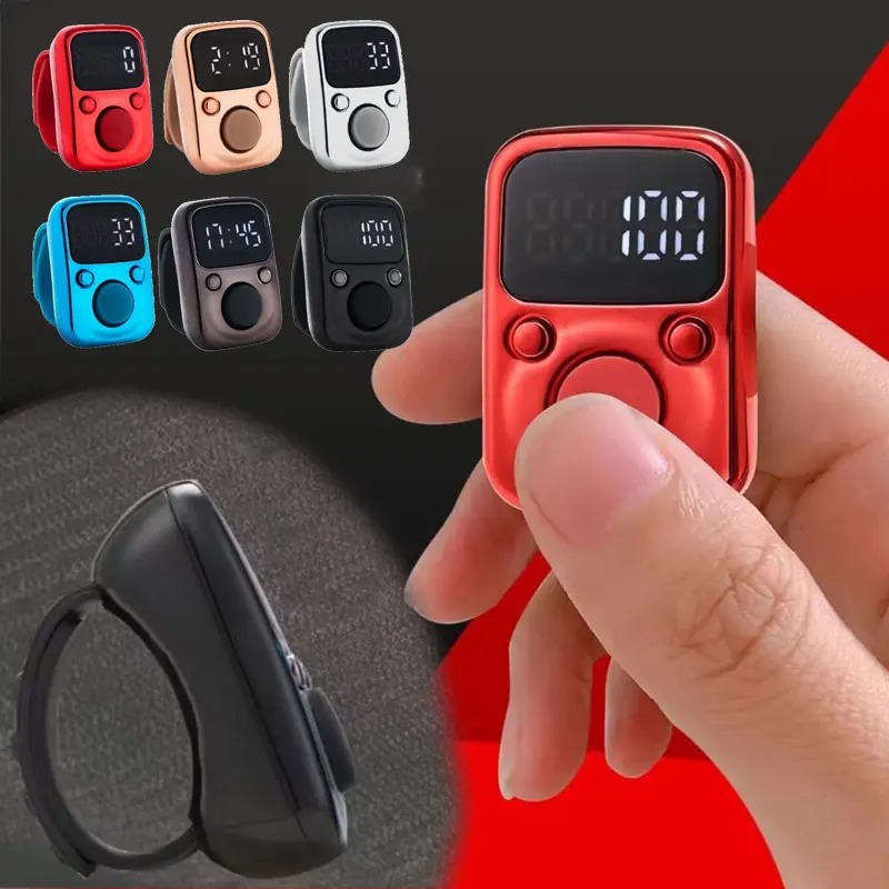 Digital LED Finger Tally Counter - Rechargeable Luminous Electronic Clicker for Prayer, Stitch Marker, and Counting Tasks | Compact Handheld Counter with Adjustable Strap & Bright LED Display | Durable and Lightweight Design in Vibrant Red Finish Image