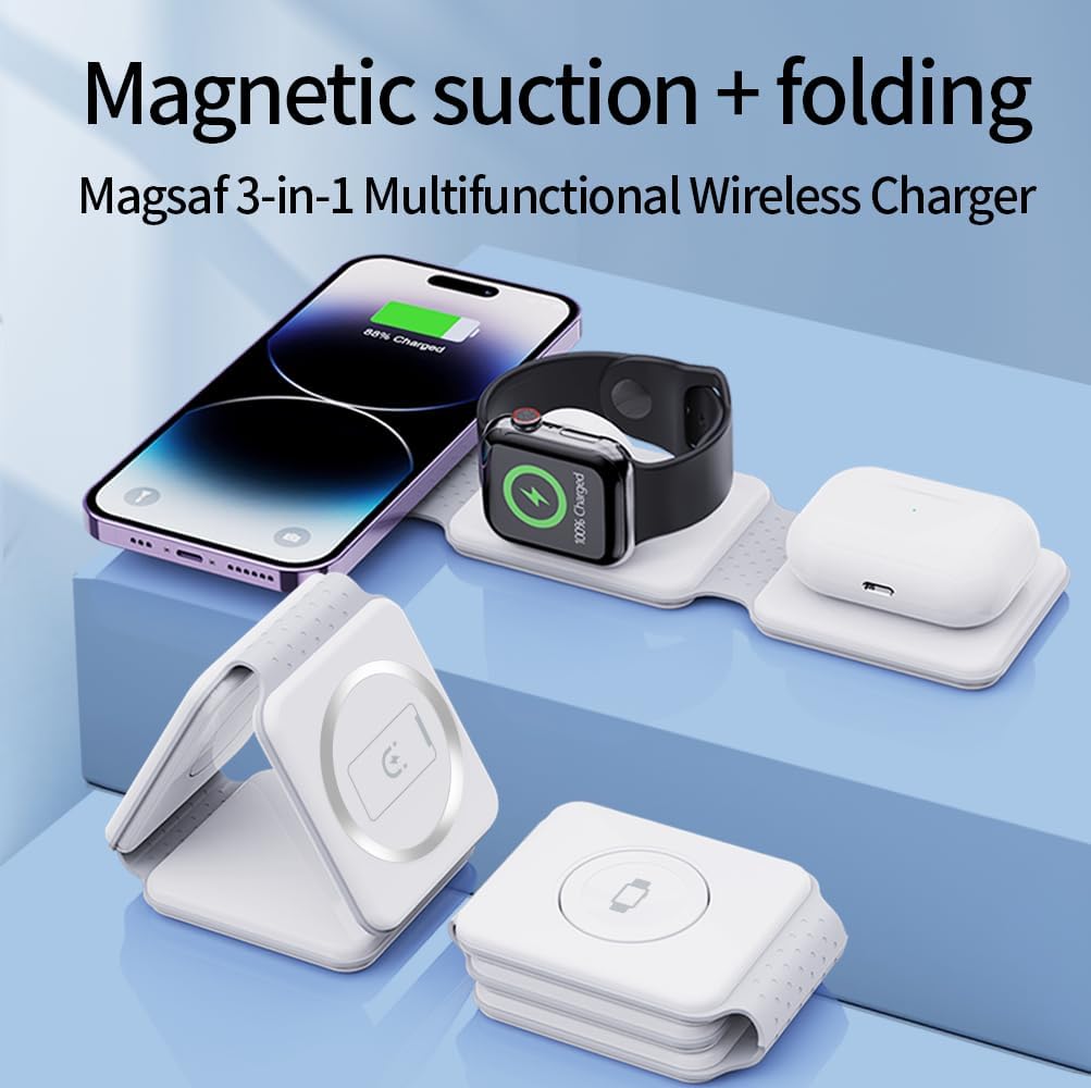 Foldable Magnet Wireless Charger | 3-in-1 Charging Bracket Stand | Compatible with iPhone, Android Phones, Watches, and AirPods Image