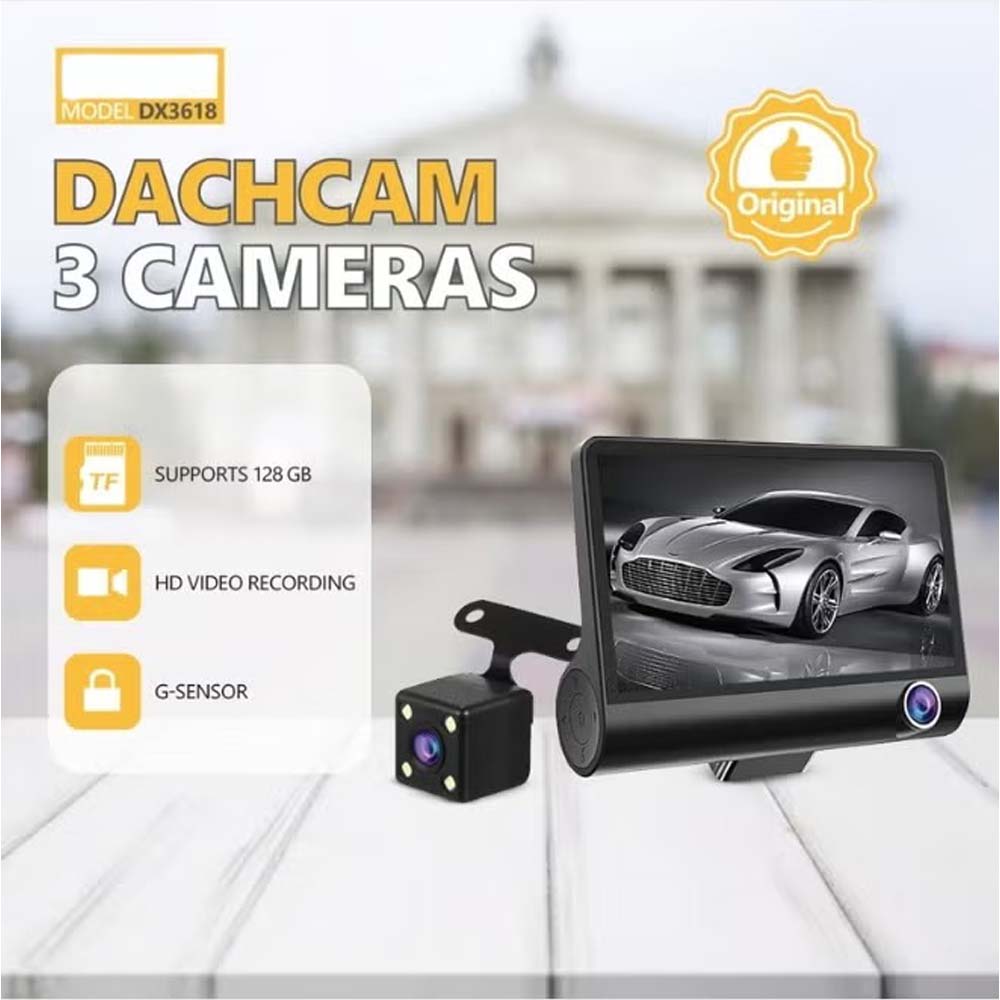 DX3618 3-Channel Car Dashcam. 4" HD display with front, rear & inside cameras. Loop recording, night vision & G-sensor. Image
