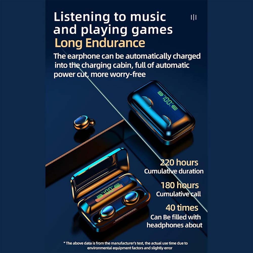 F9-5 Bluetooth Earbuds with 3500mAh Power Bank - 8D HiFi Stereo, Waterproof Wireless Headphones with LED Display Compitable for iPhone/Android/PC Image