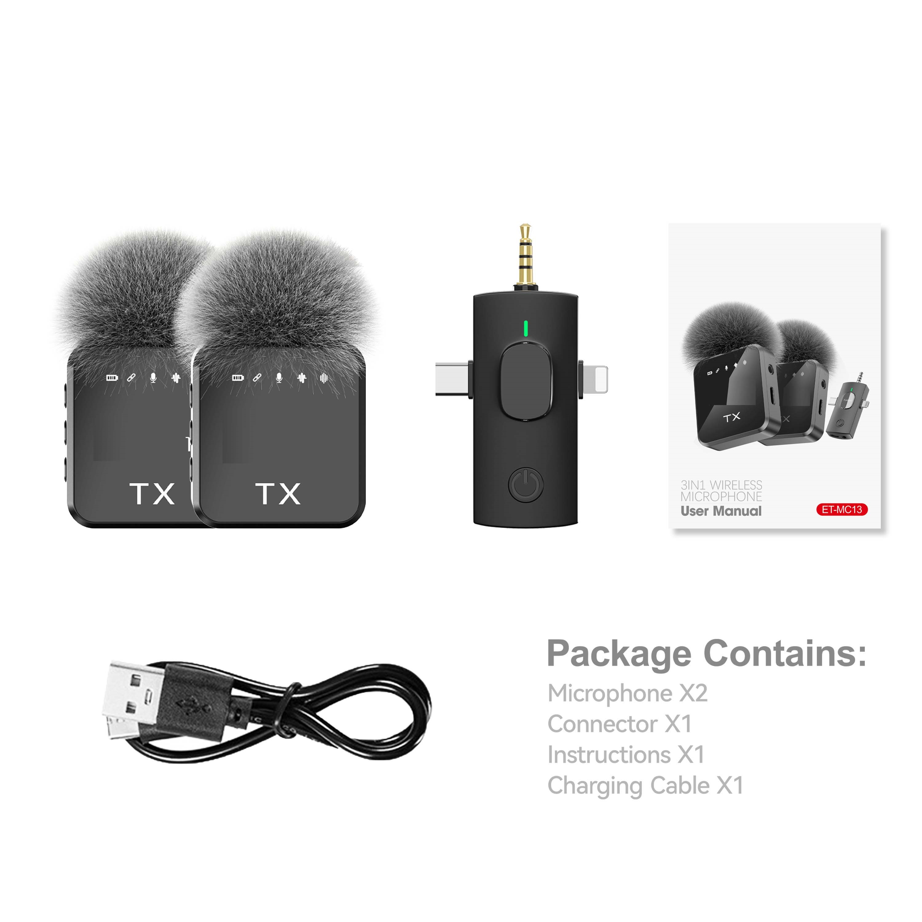 3-in-1 Lavalier Wireless Microphone - 2pcs Wireless Mic  Compatible for iPhone, iPad, Android | Perfect for Video Recording, Gaming, and Live Streaming | Crystal-Clear Audio for Vlogging, Podcasts, and Interviews | Plug-and-Play Design | Compatible with iOS and Android Devices Image