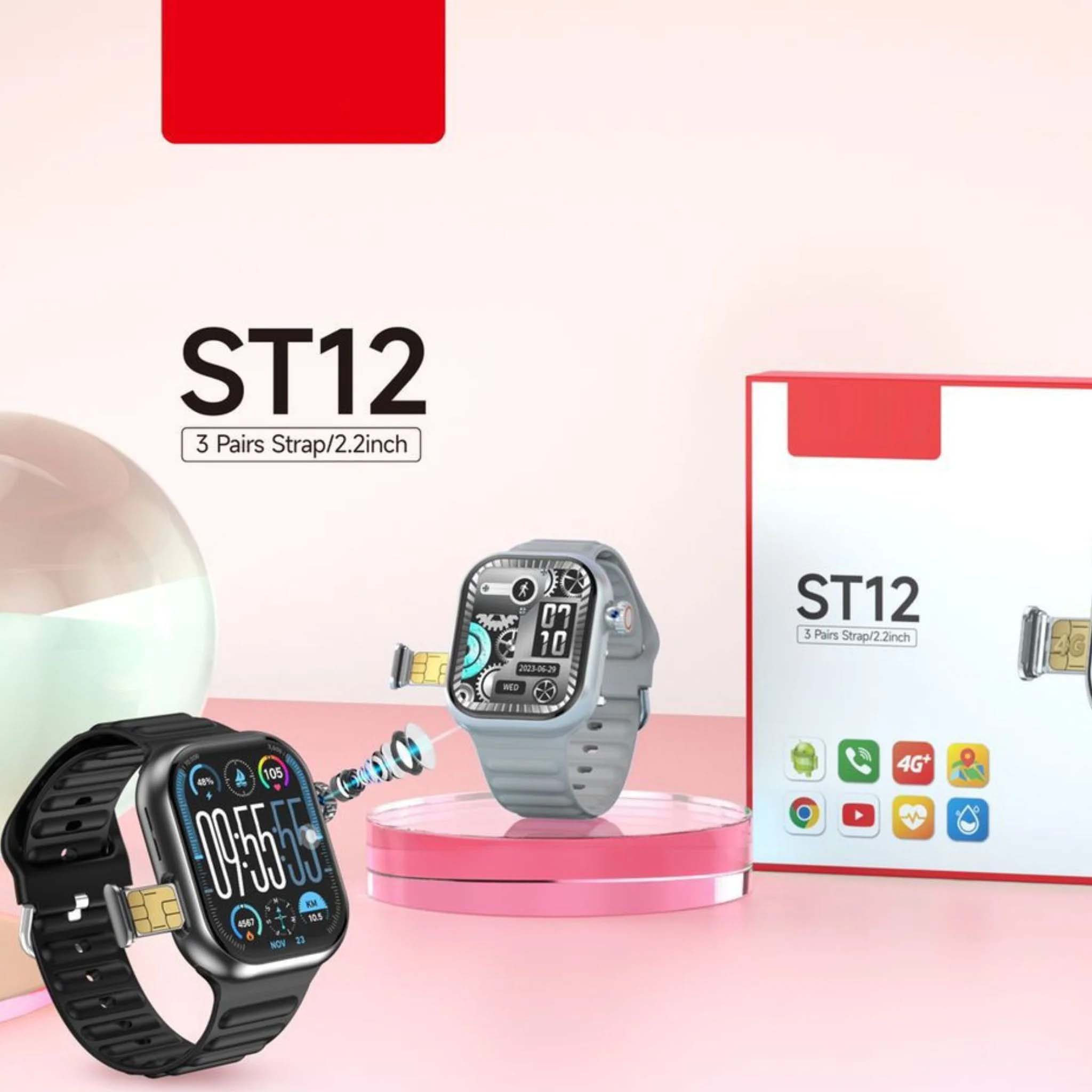 ST12 Smart Watch - 2.2" Full Screen, 4G SIM Support, 3 Straps + Wireless Charger (Multi-Color) for Men & Women Image