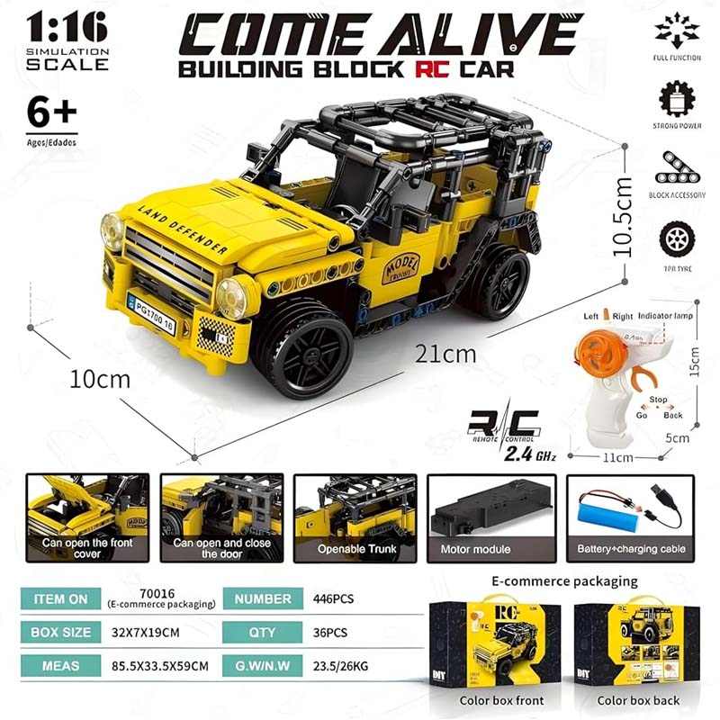 Come Alive 1:16 Scale RC Land Defender Rover. 446-piece DIY building kit with remote control. STEM engineering toy for kids. Image
