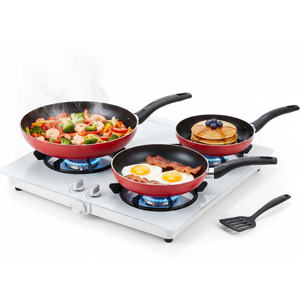 OE-017 4-Piece Red Non-Stick Frying Pan Set. 3 aluminum pans & spatula in 20cm, 24cm, 26cm. Dishwasher-safe. Image