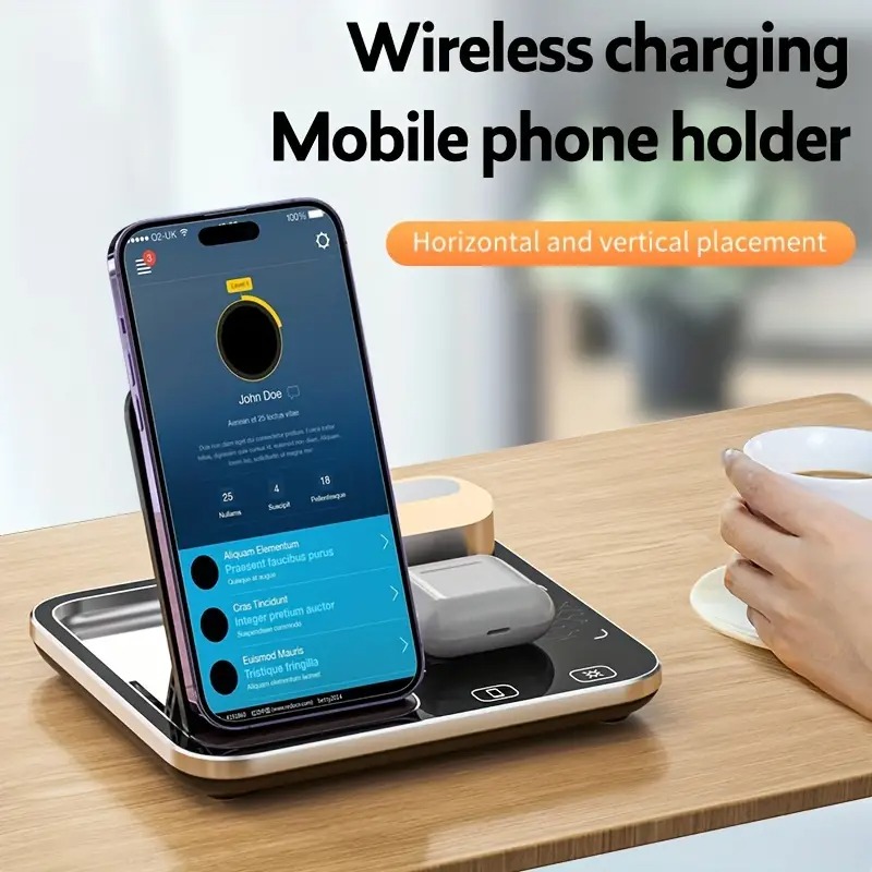 R12 Desktop Wireless Charger – 4-in-1 Automatic Lifting Station with RGB Light Effects and Sound-Controlled Lights Image