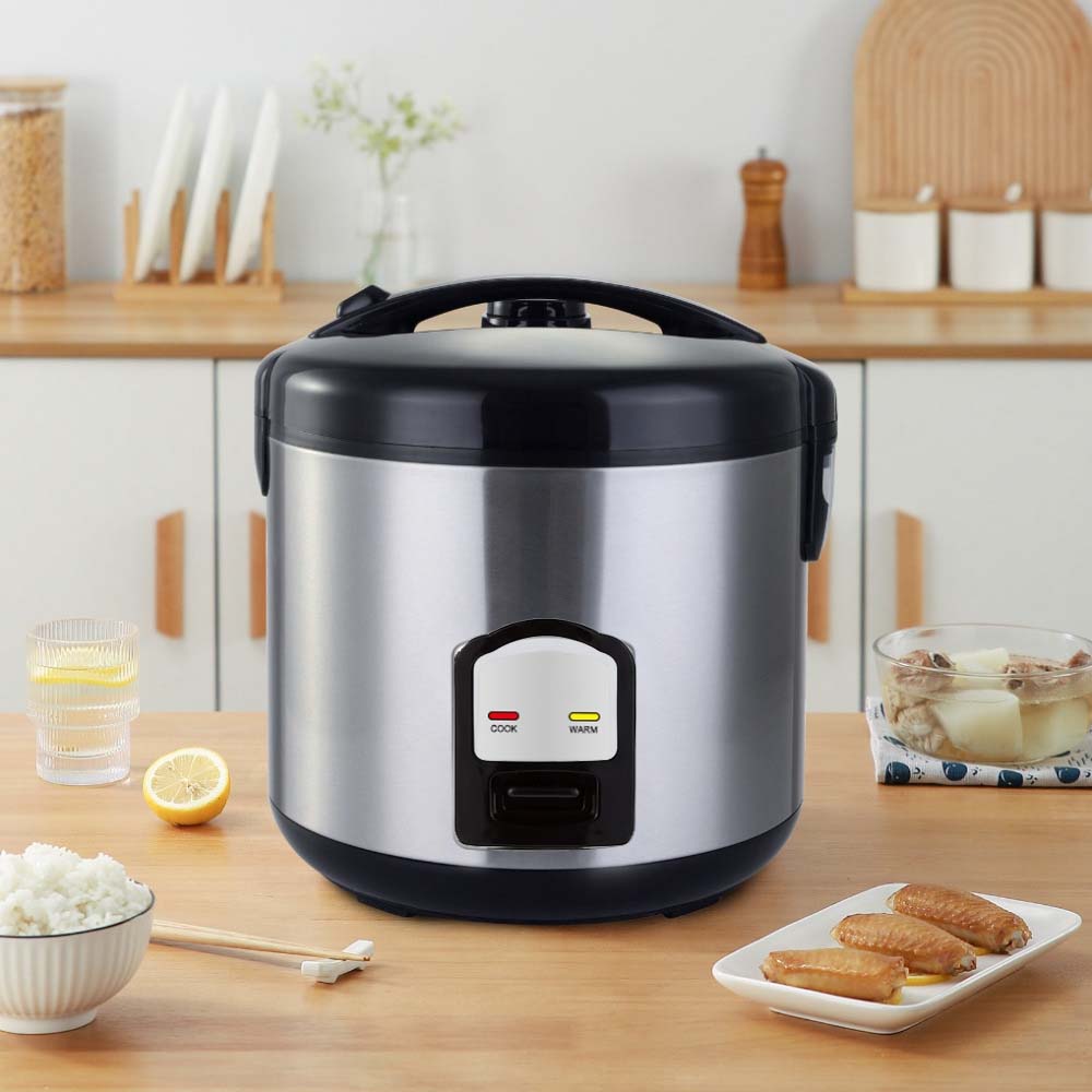 OE-400 2-Liter Mixed Rice Cooker. 2-in-1 rice cooker & steamer with non-stick pot, Cook/Warm functions. Silver & black. Image
