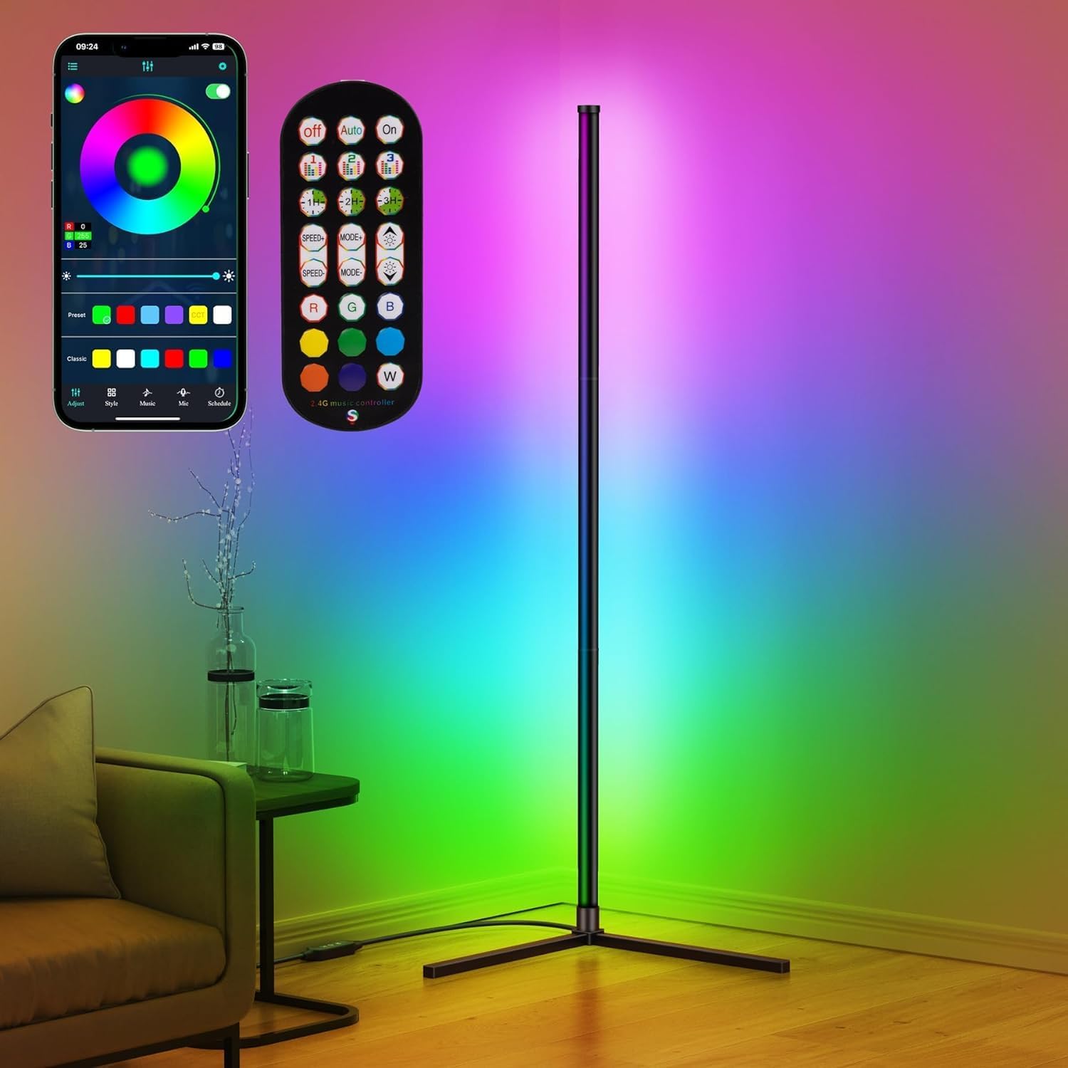 Smart RGB LED Floor Lamp, 62.2” Corner Light with APP & Remote Control, Music Sync & Timer, Modern Color-Changing Mood Lighting for Living Room, Bedroom, Gaming Room Image