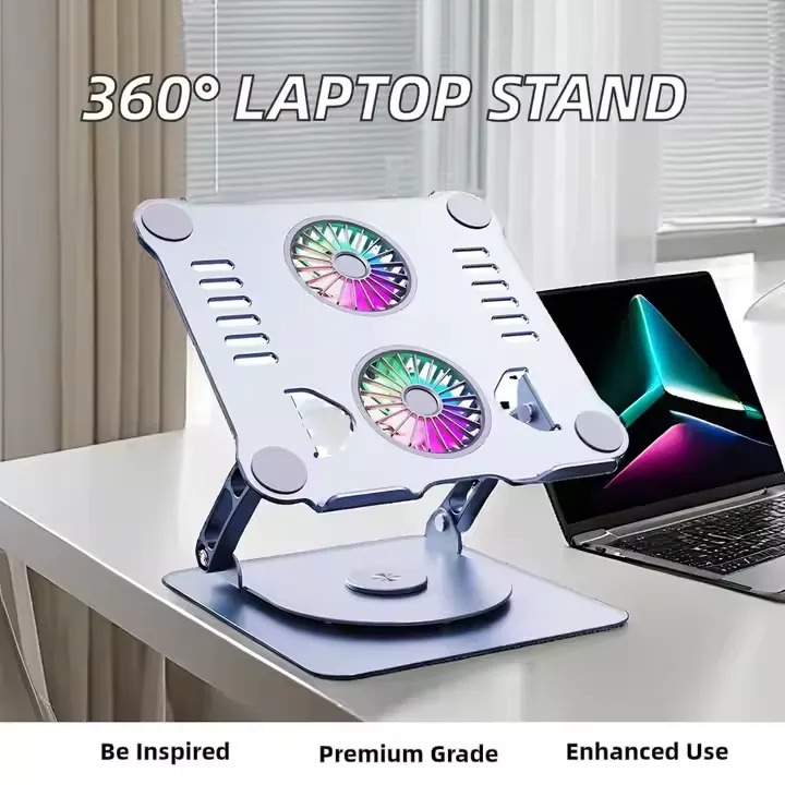 Adjustable Aluminum Desktop Laptop Stand with Cooling Fan, Foldable Minimalist Design, Ergonomic Portable Laptop Stand for Work & Study Image