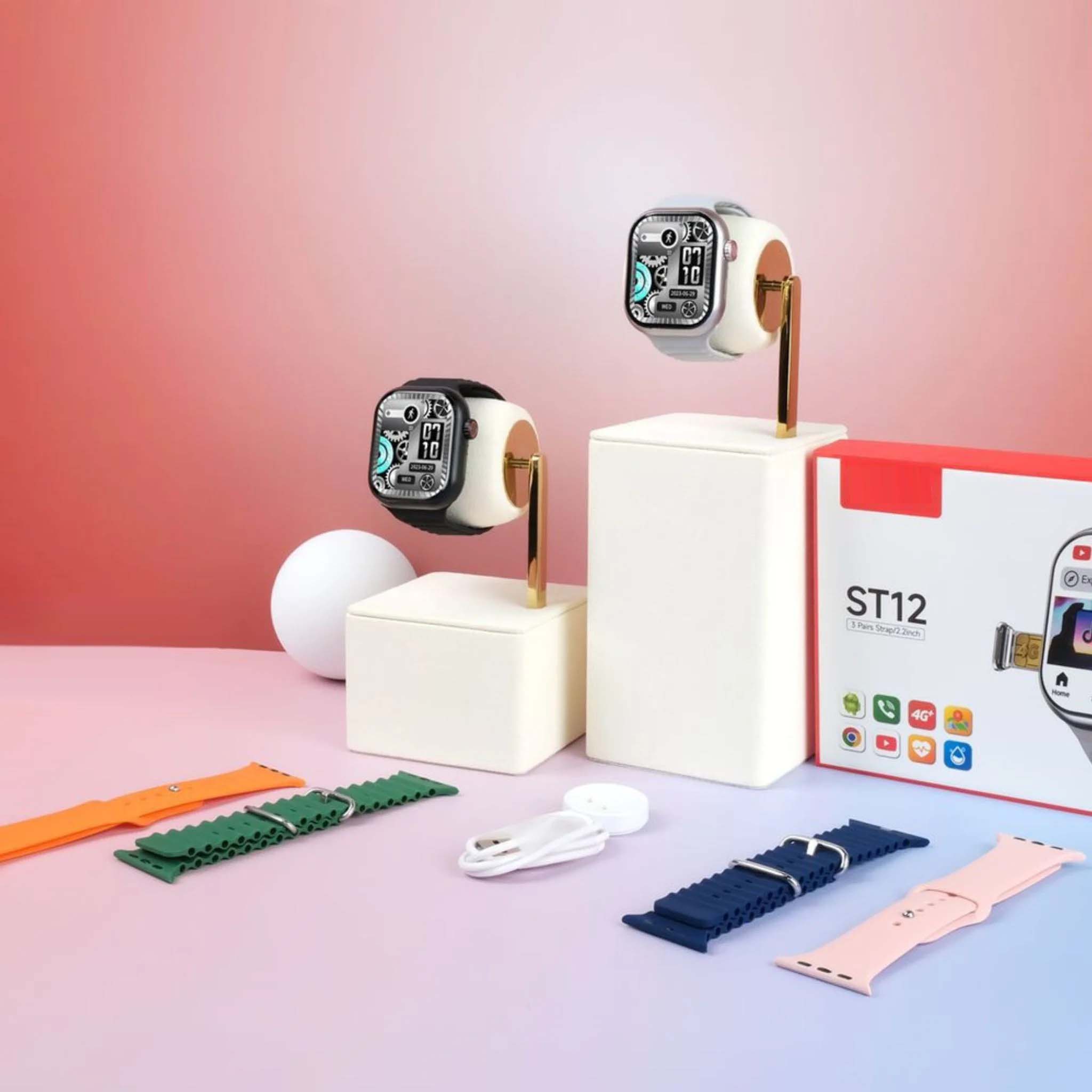 ST12 Smart Watch - 2.2" Full Screen, 4G SIM Support, 3 Straps + Wireless Charger (Multi-Color) for Men & Women Image