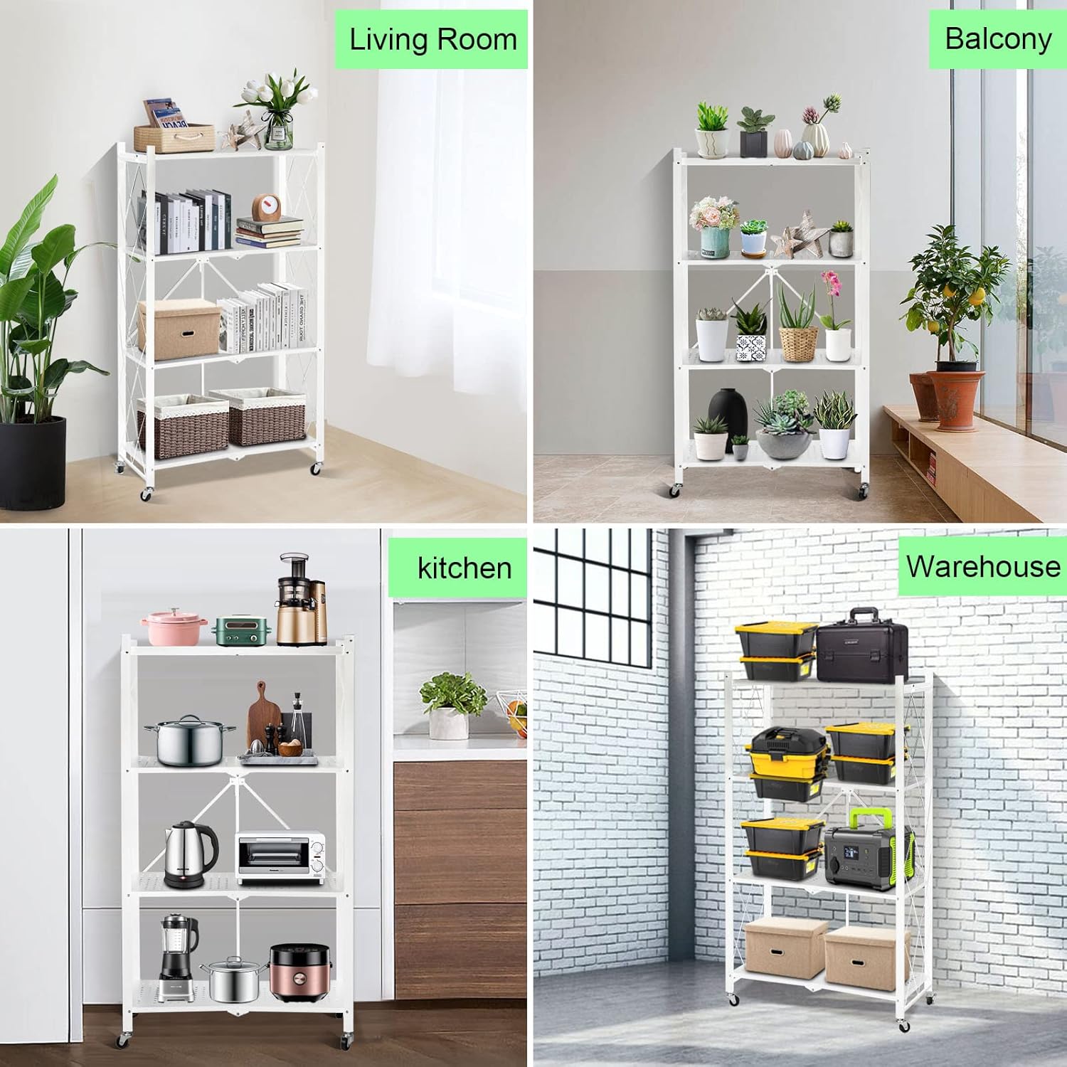 4-Layer White Mobile Folding Kitchen Storage Rack – No-Installation, Thickened Multi-Purpose Shelf (White) Image
