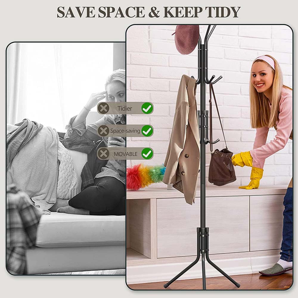 12-Hook Coat Rack Stand - Wrought Iron Clothing Hanger with Shelves, Freestanding Wardrobe Organizer for Bedroom/Entryway Image