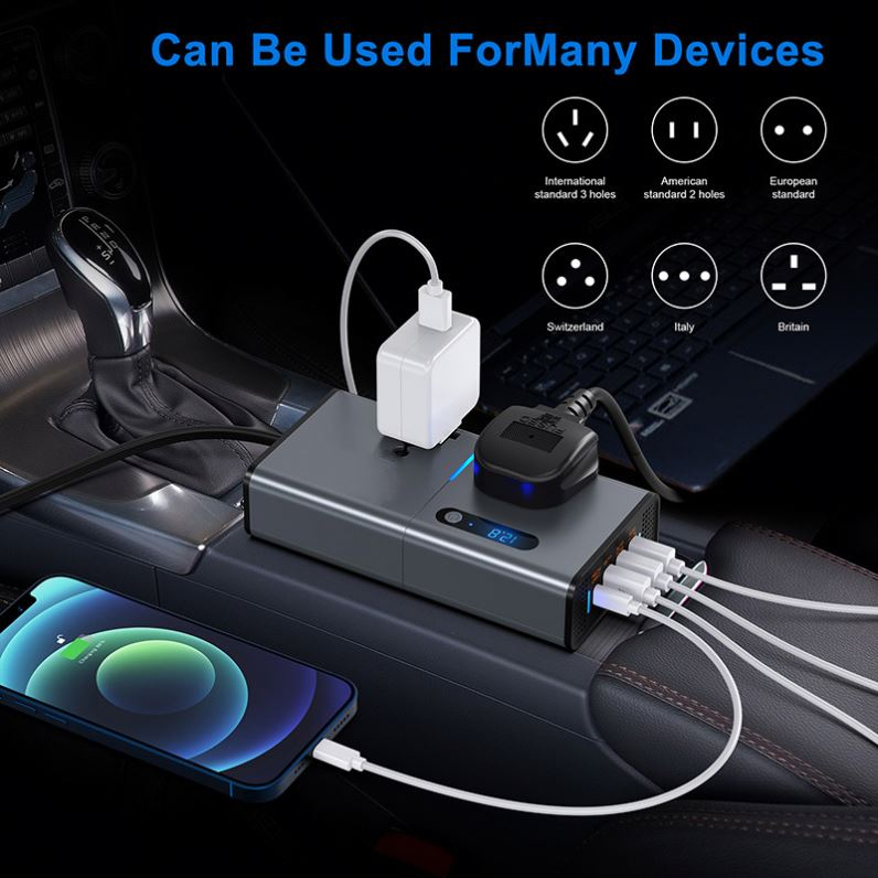 200W Universal Socket Power Inverter DC to AC Converter – 12V/24V Car Inverter with USB Charging Ports for Phones & Tablets, Multi-Purpose Charging Image