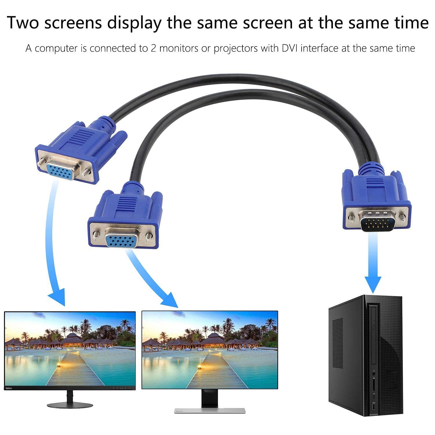 Dual VGA Splitter Cable: 1 Male to 2 Female Adapter for Dual Monitor Screen Duplication, High-Quality VGA Y Cable for PC, Laptop, and More. Image