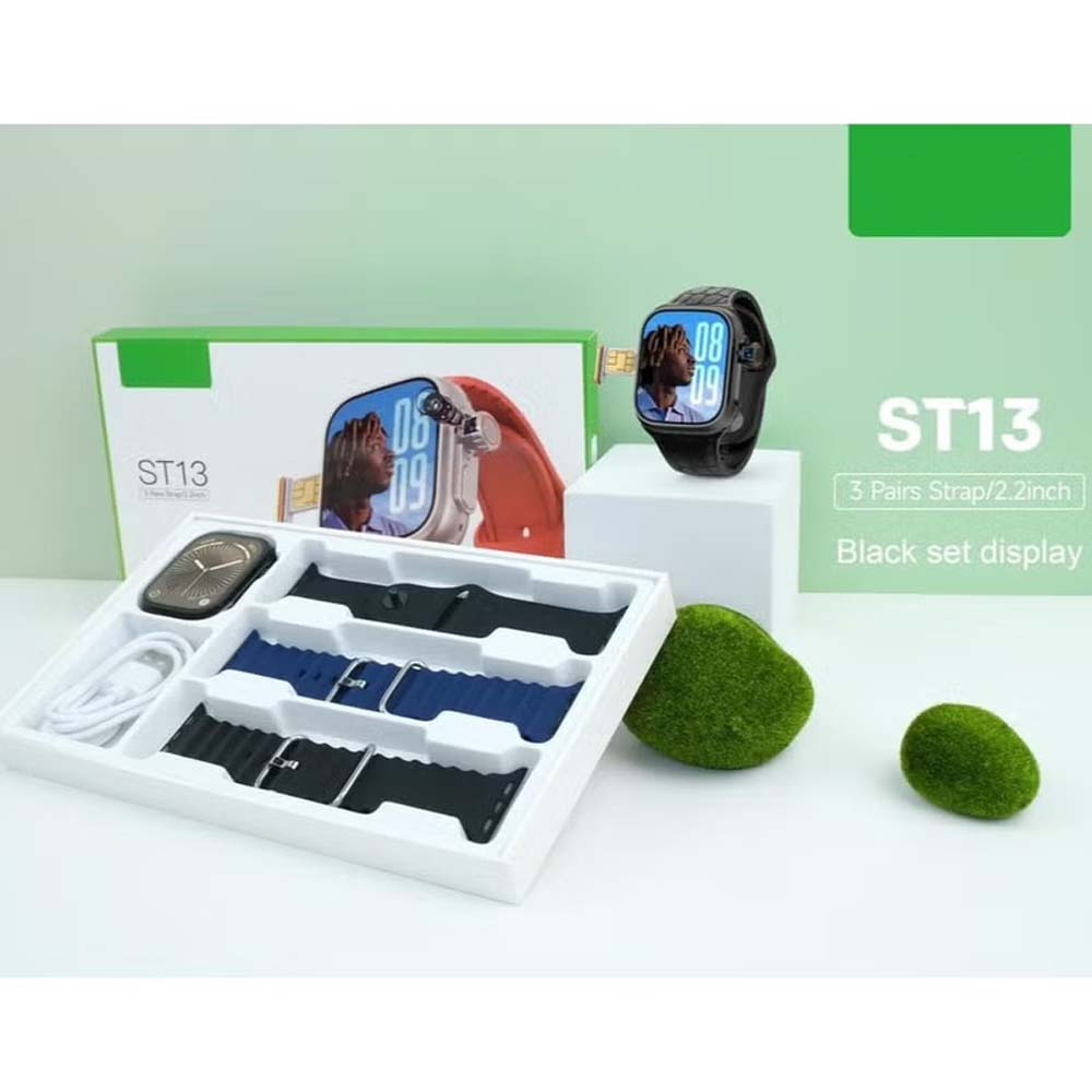 ST13 Smart Watch: 2.2" full-screen display, 4G SIM support, 3 straps & wireless charger. Unisex black design for ladies & gents. Image