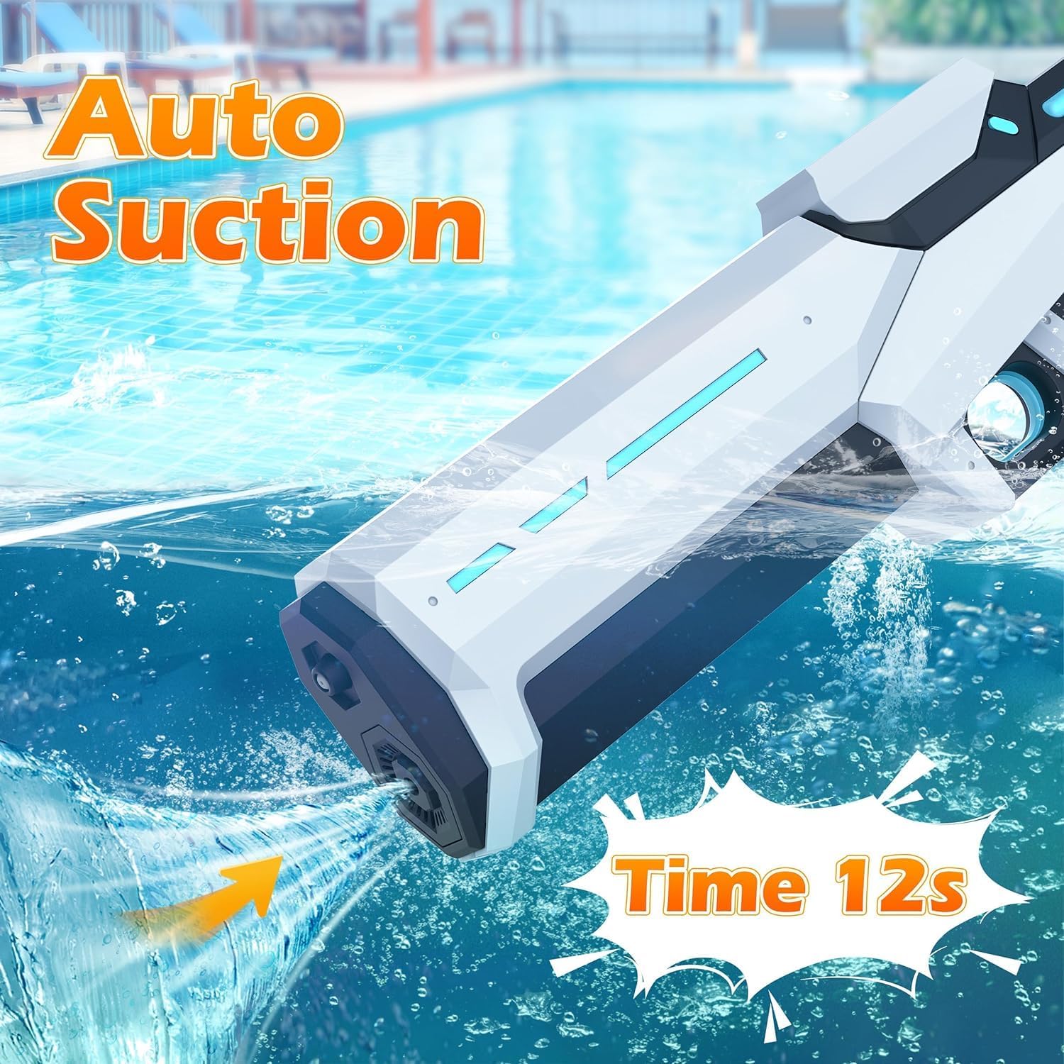 Electric Water Gun with Automatic Suction. 25-32ft range waterproof toy for adults & kids. Summer pool beach party fun. Image