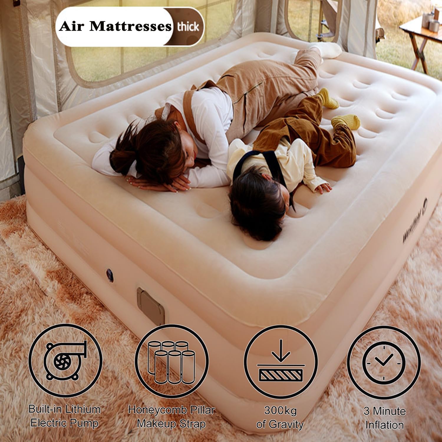 Air Mattress Queen with Built-in Pump - Inflatable Camping & Guest Mattress | Soft Flocked Top Blow-Up Bed | Durable, Foldable, and Comfortable | 80x60x18 Inches | Quick 1-3 Min Inflation Image