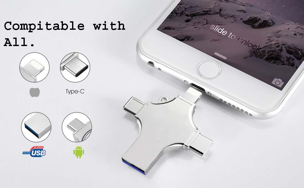 512GB 4-in-1 USB 3.0 Flash Drive - Compatible with iPhone, Android, iPad, Mac, PC, Galaxy S, Windows | High-Speed USB A, USB C, Micro USB & iPhone Connector | Ultra-Fast Thumb Drive, Jump Drive, Memory Stick, Portable Hard Drive for Seamless Data Transfer Image