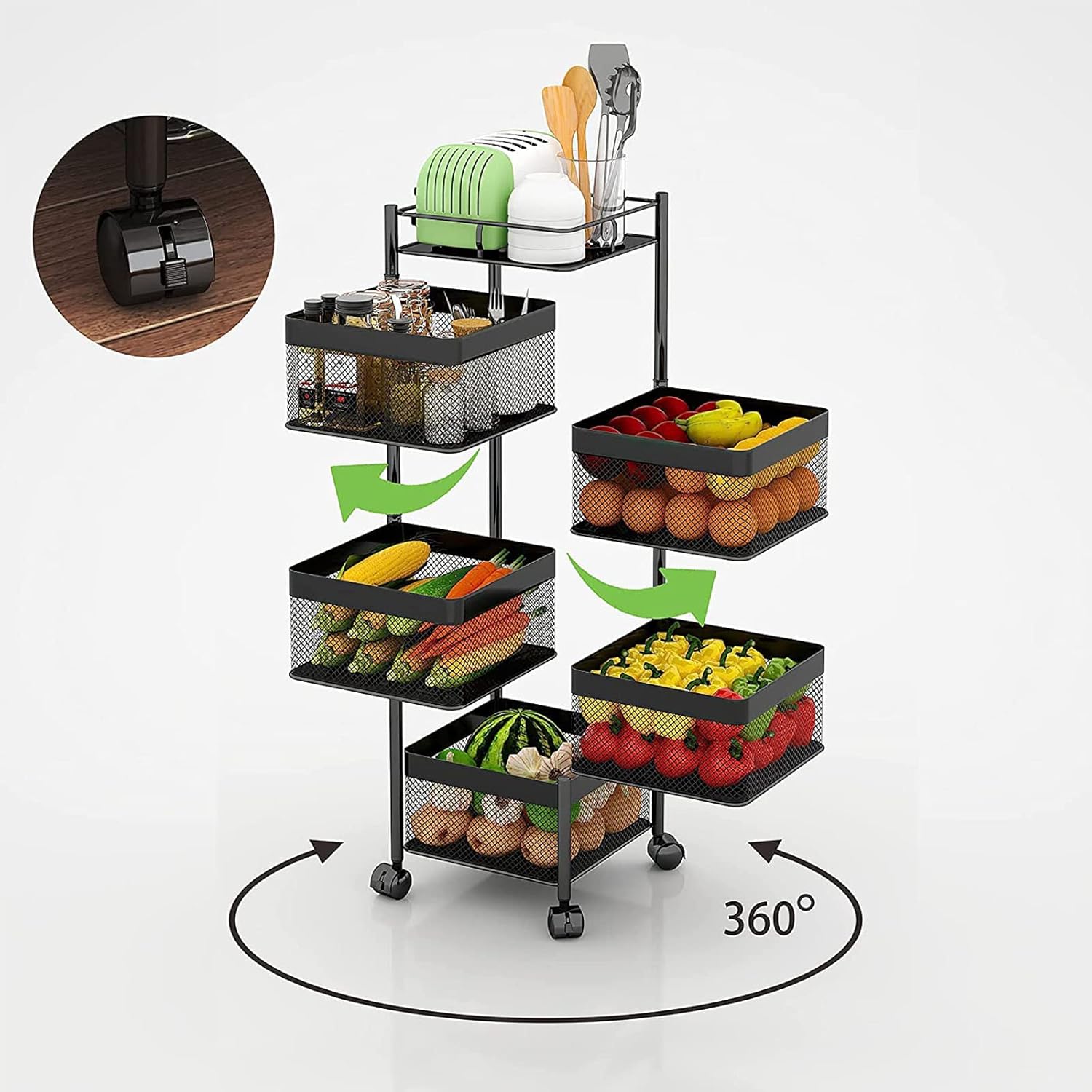 5-Layer Mobile Storage Solution | Rotatable Baskets with Wheels | Elegant Black | 92cm Image