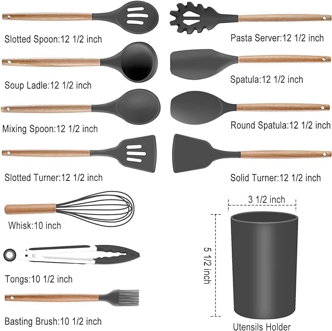 19-Piece Silicone Cooking Utensils & Knife Set with Block | Includes 11 Silicone Utensils, 5 Stainless Steel Knives, Scissors, Cutting Board | Grey Image