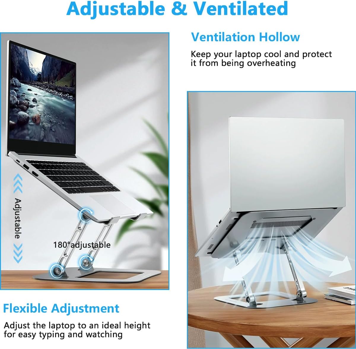 Adjustable Aluminum Laptop Stand - Ergonomic Foldable Riser for Desk, Notebook Computer Holder with Ventilation, Silver Image