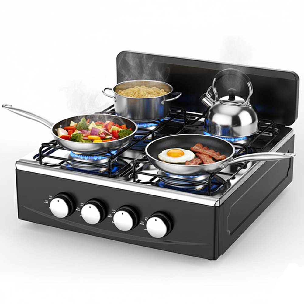 OE-441 European 4-Burner Gas Stove. Sabaf burners, pulse ignition & cast iron pan supports. For home & outdoor use. Image