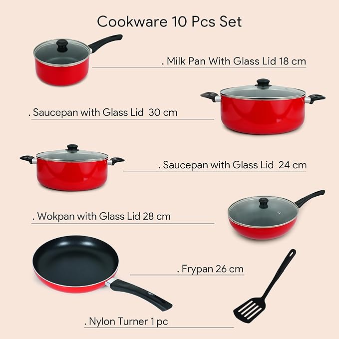 10-Piece Nonstick Cookware Set - 10X Tougher Coating, Heat-Resistant Handles, Glass Lids, Frypan, Wokpan, Nylon Turner Image