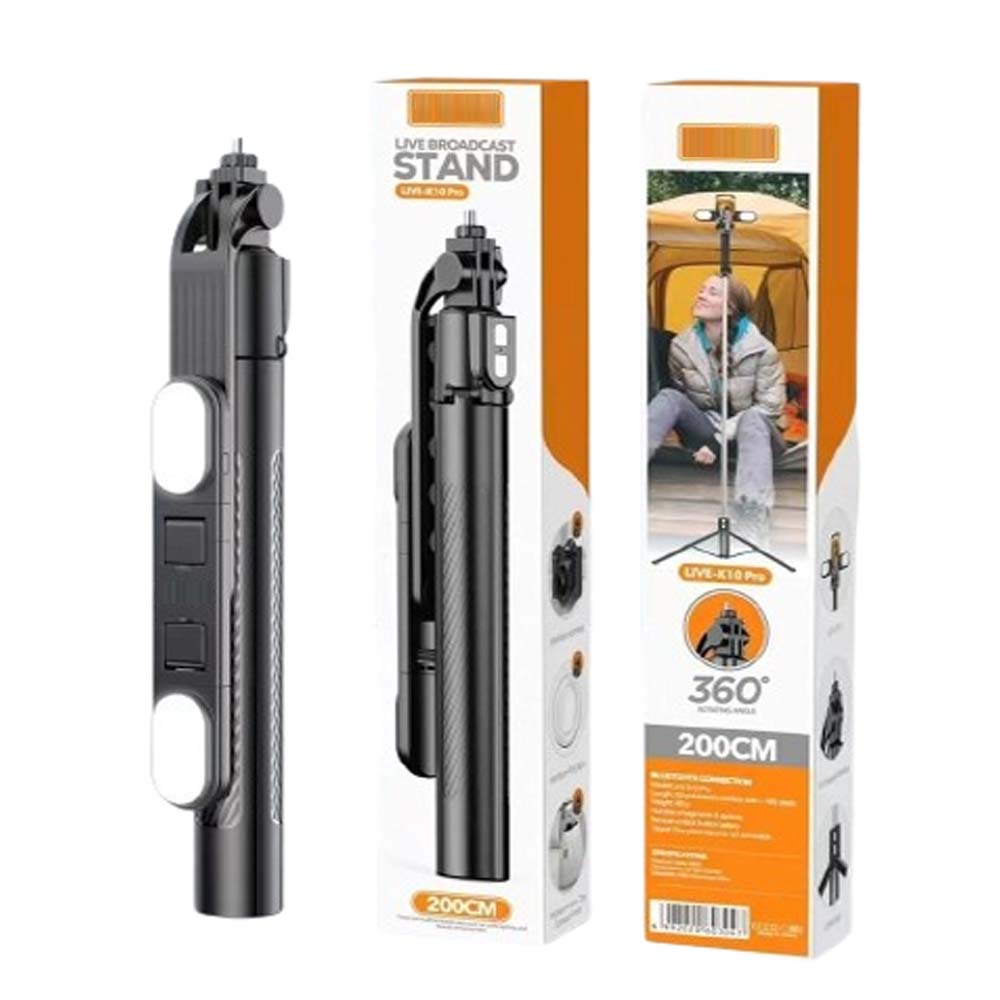 Live K10 PRO 6.5 Feet Tripod Stand Selfie Stick with 2 Chargeable Lights, Bluetooth Remote, 360° Rotatable, Compitable for DSLR, Smartphone, Vlogging, YouTube Image